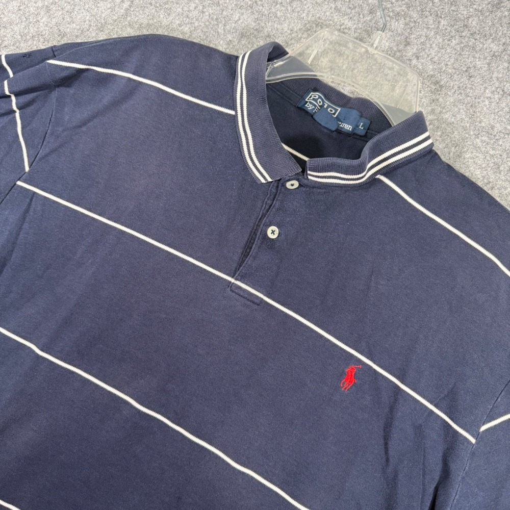 Polo Ralph Lauren Polo Shirt Mens Large Navy Blue White Striped Short Sleeve